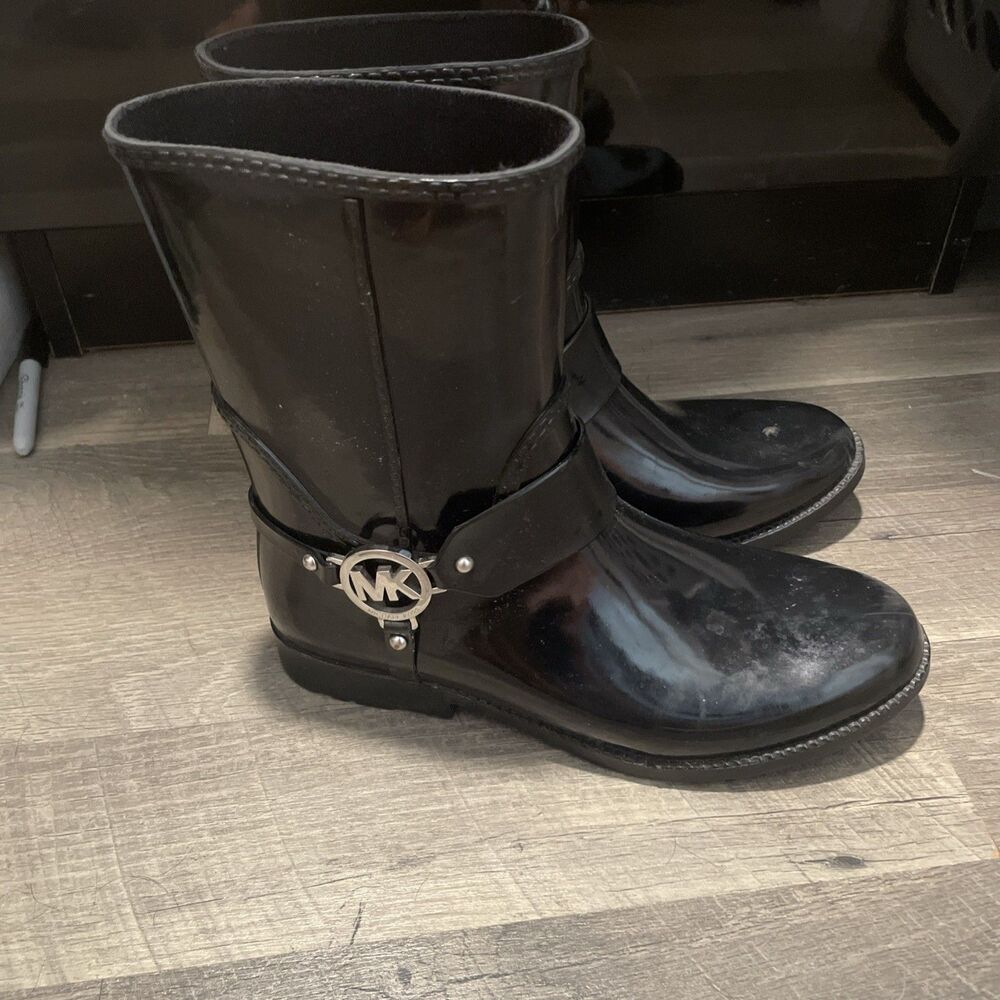 Michael Kors Fulton Harness Rain Boots Black Glossy Mid Calf Women’s Sz 10
